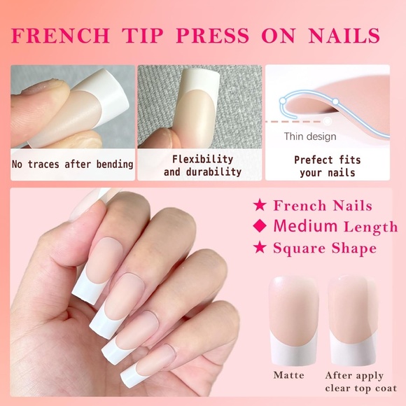 240 Pieces White French Nails Long Square Matte Nails - Picture 3 of 6